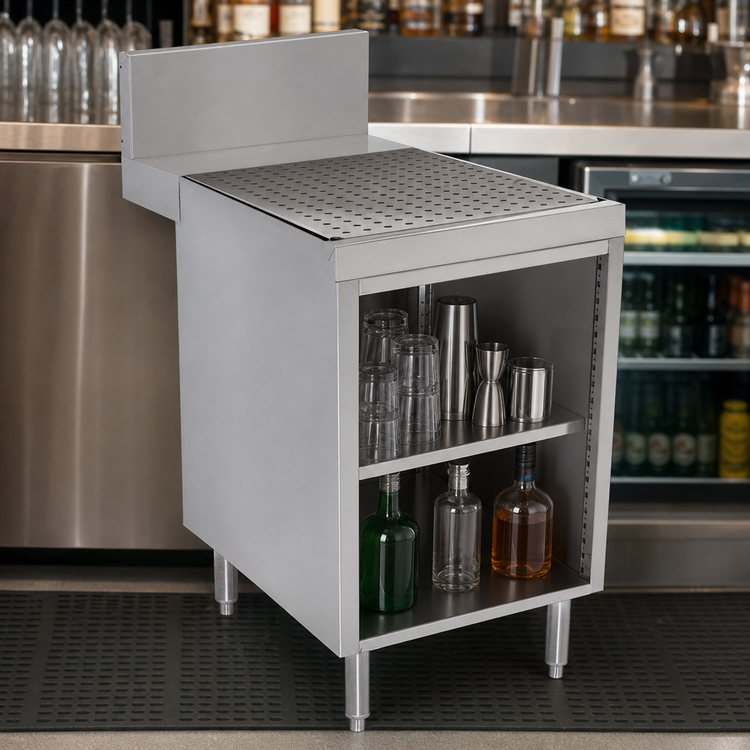 Product image #3 for Advance Tabco Prestige Supreme 24-Inch Open Front Stainless Steel Underbar Drainboard Cabinet with 7-Inch Backsplash