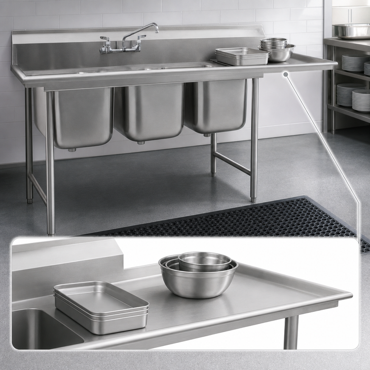 Product image #3 for Eagle Group 414 Series Three-Compartment Sink with 18-Inch Right-Hand Drainboard, 80-3/4"W x 31-3/4"D