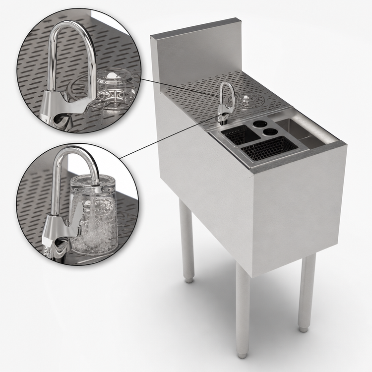 Product image #3 for Krowne Royal Series 12-Inch Wide Underbar Tool Caddy with Push-Down Glass Rinser Faucet and 4 Wet Bins