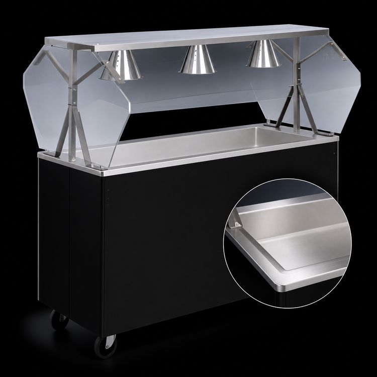 Product image #3 for Vollrath 2-Series Affordable Portable™ 60-Inch 4-Pan Mobile Non-Refrigerated Cold Food Station with Buffet Breath Guard and Black Solid Base