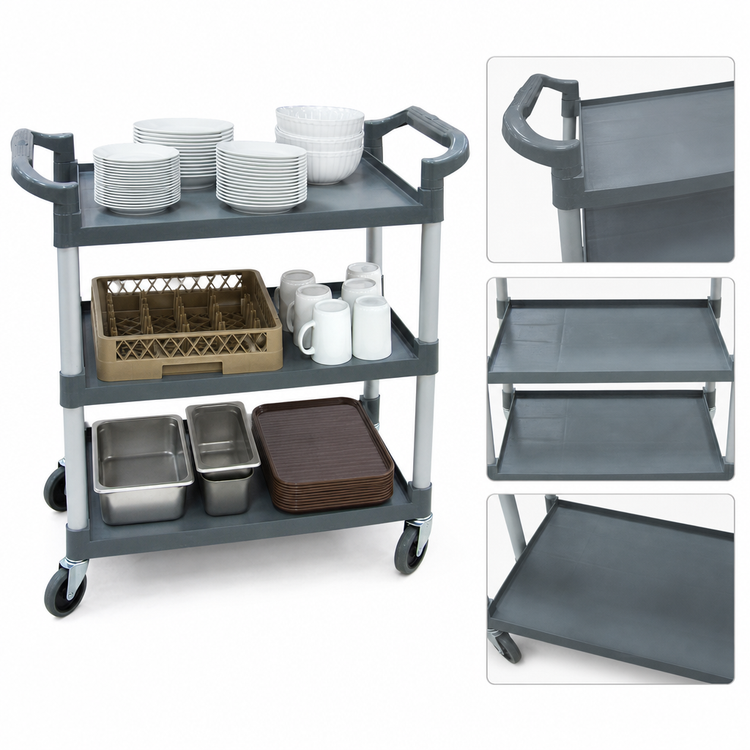 Product image #3 for Gray Polypropylene Bussing Cart with 3 Tray Shelves and 330.6 lb Capacity