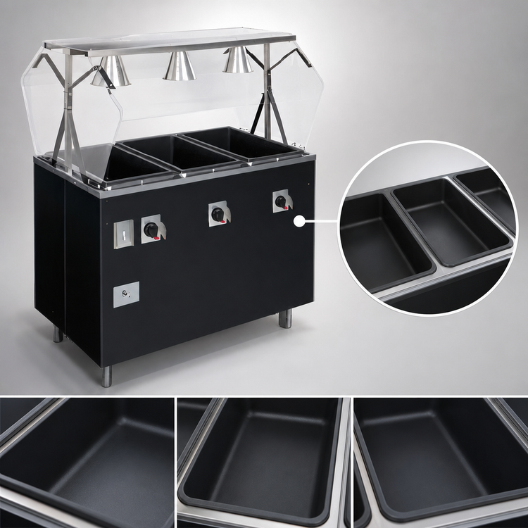 Product image #3 for Vollrath 2-Series Affordable Portable 3-Well Mobile Sealed-Well Hot Food Station with Buffet Breath Guard and Open Storage Base