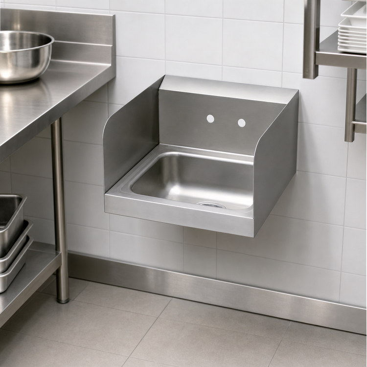 Product image #3 for T&S Brass Wall-Mounted Stainless Steel Hand Sink with Backsplash, Side Walls, and 3-1/2 Inch Drain, 16-5/8 x 13-5/8 x 19 Inch, Faucet Not Included