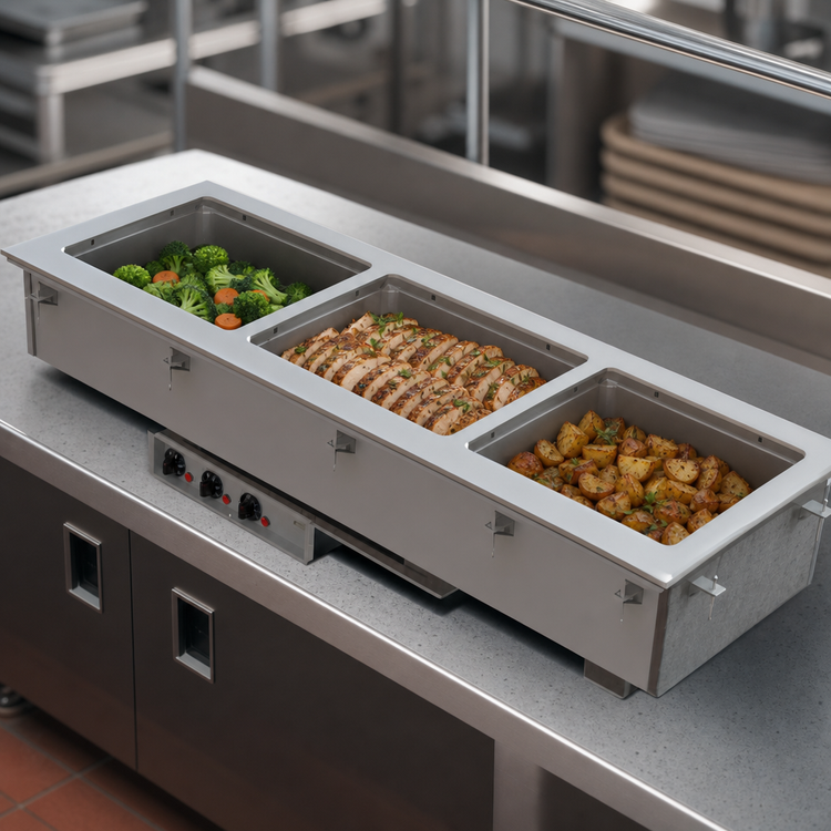 Product image #3 for Vollrath Short-Side 3-Pan Drop-In Hot Well with Marine-Grade 316 Stainless Wells, Thermostatic Controls, Auto-Fill, and Manifold Drain, 120V