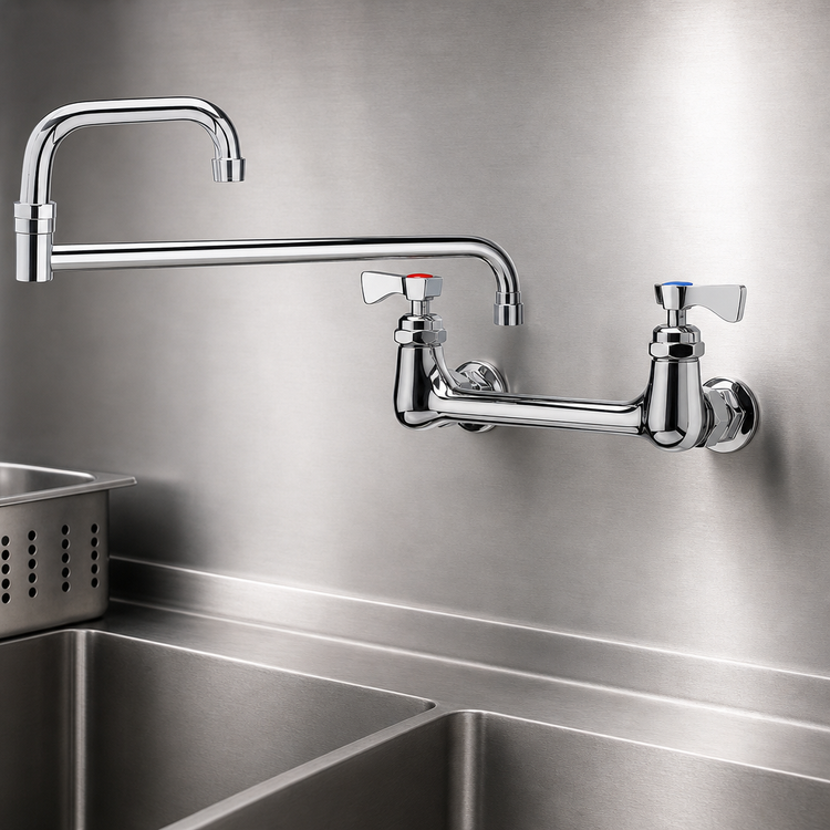 Product image #3 for Krowne Royal Series Low-Lead Backsplash-Mounted Commercial Faucet with 18-Inch Jointed Double Spout, 8-Inch Centers