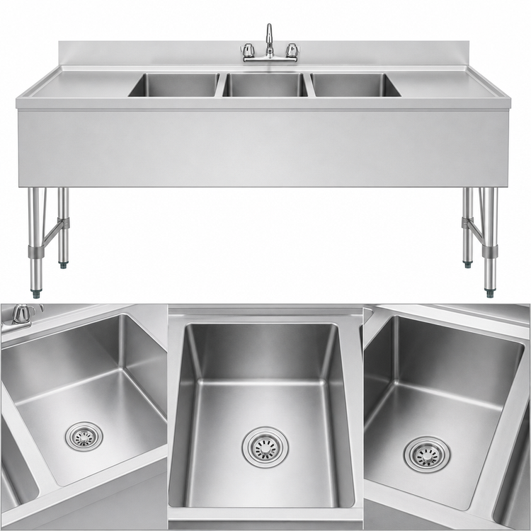 Product image #4 for KoolMore 60-Inch Commercial 3-Compartment Underbar Sink with Dual Drainboards and 3-Inch Backsplash