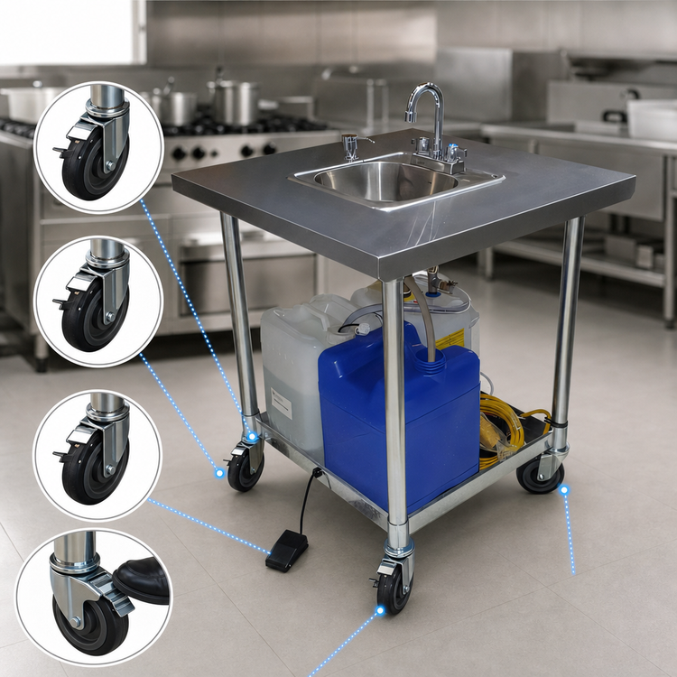 Product image #3 for Mobile 1-Bowl Stainless Steel Hand Wash Sink with Hot & Cold Water and Water Heater, 30 x 30 Inch