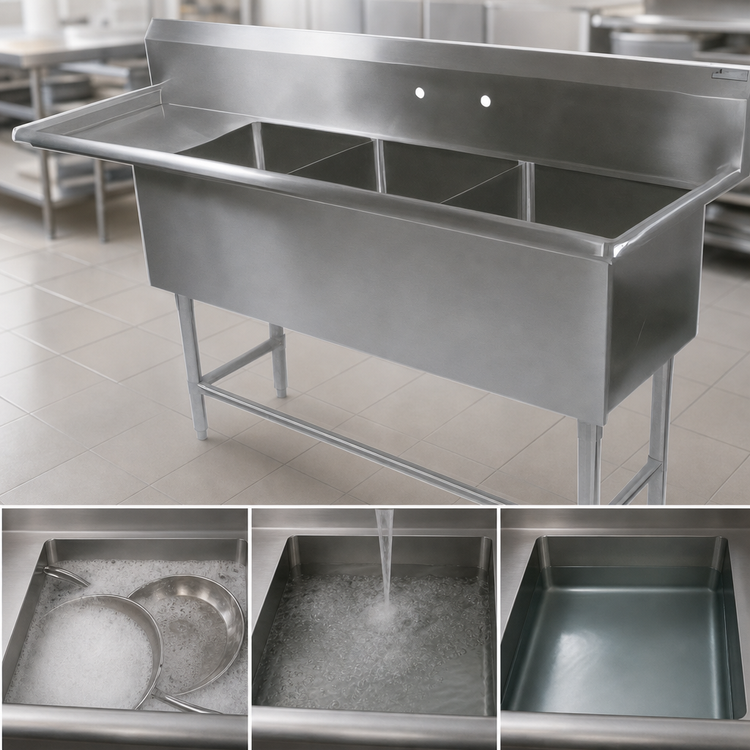 Product image #3 for John Boos Pro-Bowl Freestanding 3-Compartment Stainless Steel Sink with Left Drainboard and 18" x 24" x 12" Bowls