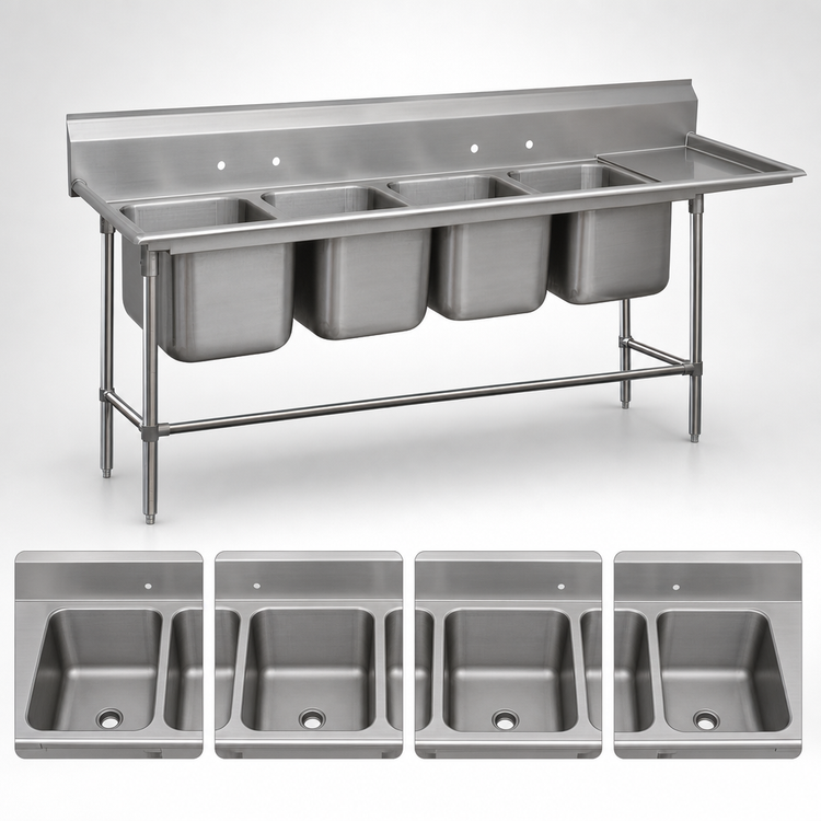 Product image #3 for Advance Tabco Regaline Four-Compartment Sink with Right-Hand Drainboard, 24 x 24 x 14 Inches, 14-Gauge 304 Stainless Steel
