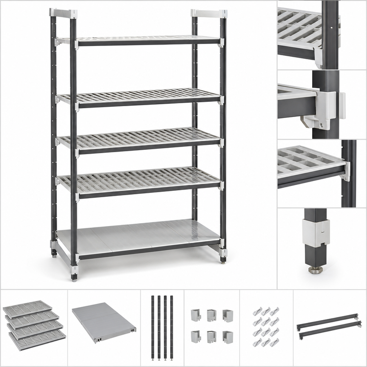 Product image #3 for Cambro Camshelving Elements XTRA 21-Inch Deep x 30-Inch Wide x 84-Inch High 5-Tier Stationary Starter Polymer Shelving Unit, Speckled Gray