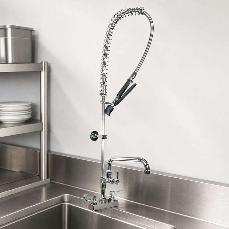 Product image #3 for BK Resources Evolution Deck-Mount Pre-Rinse Assembly with Add-On Faucet and 12-Inch Swing Spout, 4-Inch OC