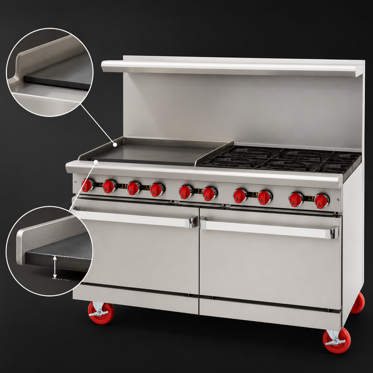 Product image #3 for American Range 60-Inch Gas Restaurant Range with 36-Inch Left Griddle, 4 Open Burners, Left Convection Oven, and Right Storage Base