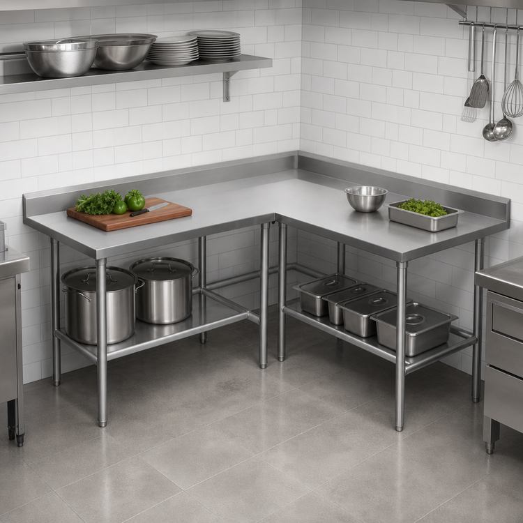 Product image #3 for Advance Tabco L-Shaped Stainless Steel Corner Work Table, 132 x 60 Inches, 24-Inch Working Depth, 14-Gauge 304 Top