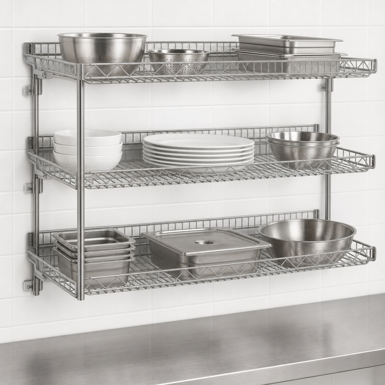 Product image #3 for Eagle Group QuadTruss Piggyback 3-Tier Wall-Mounted Wire Shelf Kit, 48W x 18D, Chrome