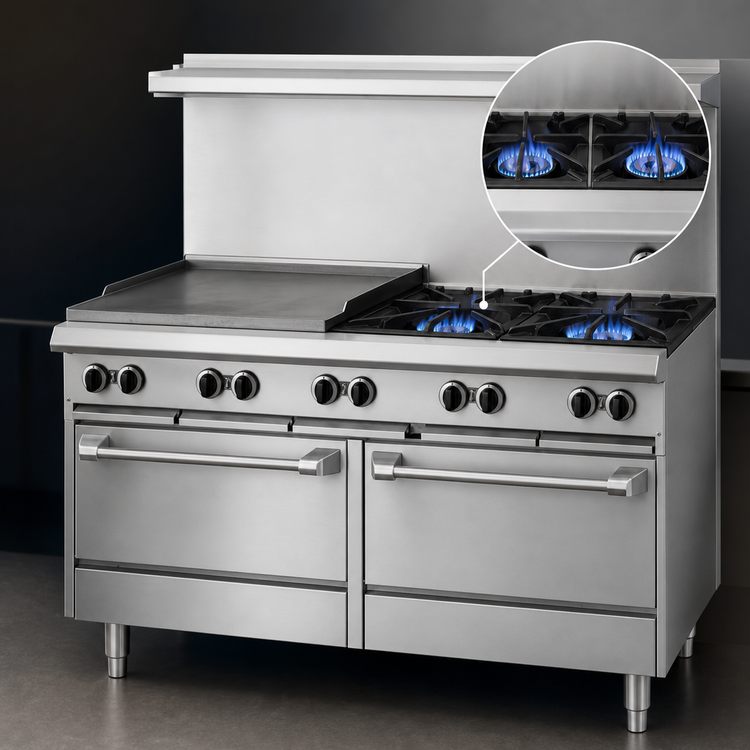 Product image #3 for Garland US Range U Series 60-Inch Commercial Gas Range with 2 Open Burners, 48-Inch Smooth Steel Griddle and Storage Bases