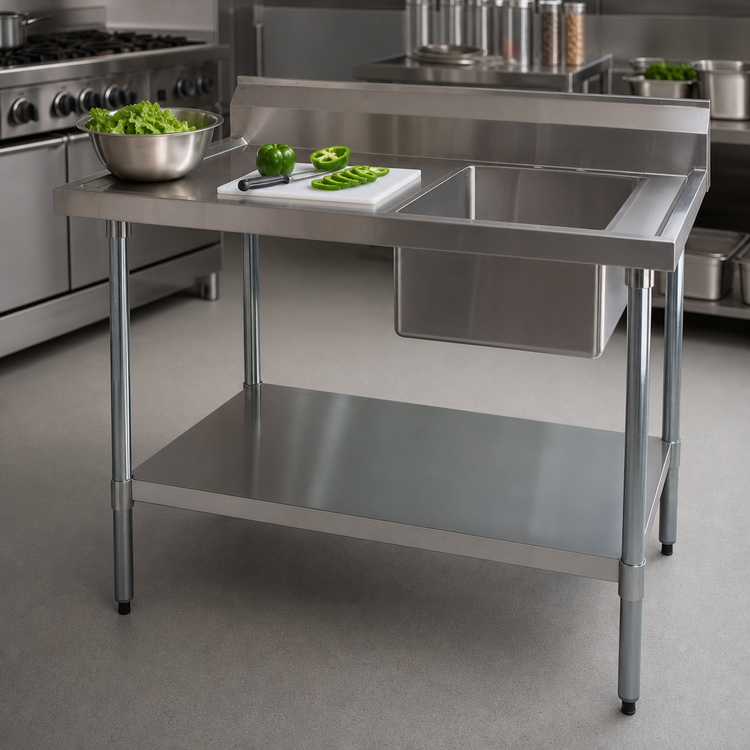 Product image #3 for BK Resources 60-Inch x 30-Inch 18-Gauge 304 Stainless Steel Work Table with Right-Side Prep Sink and Undershelf