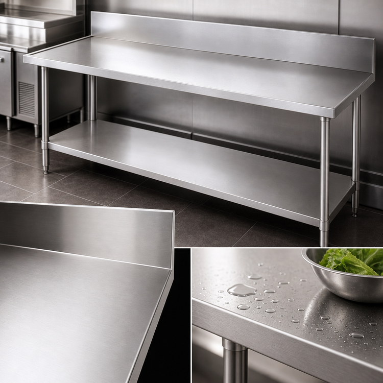 Product image #3 for Advance Tabco 108-Inch x 30-Inch 14-Gauge 304 Stainless Steel Work Table with 10-Inch Backsplash and Undershelf