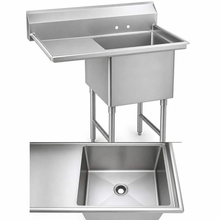 Product image #3 for 1-Compartment Fabricated Sink with 24-Inch Left Drainboard, 24 x 24 x 14 Bowl, 16-Gauge 304 Stainless Steel