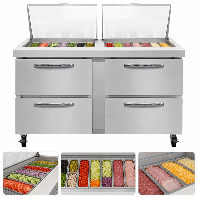 Product image #3 for Mighty Top 60" Two-Section Refrigerated Sandwich Prep Table with 4 Drawers