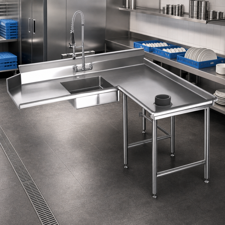 Product image #3 for Spec-Master Island Design Soiled Dishtable with 20 x 20 x 5 Pre-Rinse Sink, Right-Hand, 96-Inch Machine-to-Corner x 60-Inch Corner-to-End, 14/304 Stainless Steel