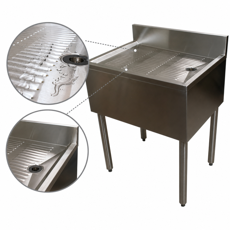 Product image #4 for BK Resources Freestanding Underbar Stainless Steel Drain Board with Included Drain, 24 x 21-1/4 x 32-1/2 Inches