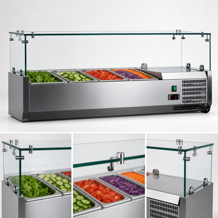 Product image #3 for Omcan 47-Inch Countertop Refrigerated Topping Rail with Glass Sneeze Guard, 4 x 1/3 GN Pan Capacity