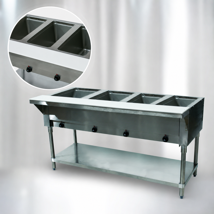 Product image #3 for 4-Well Electric Sealed-Well Hot Food Table with Cutting Board and Open Shelf Base