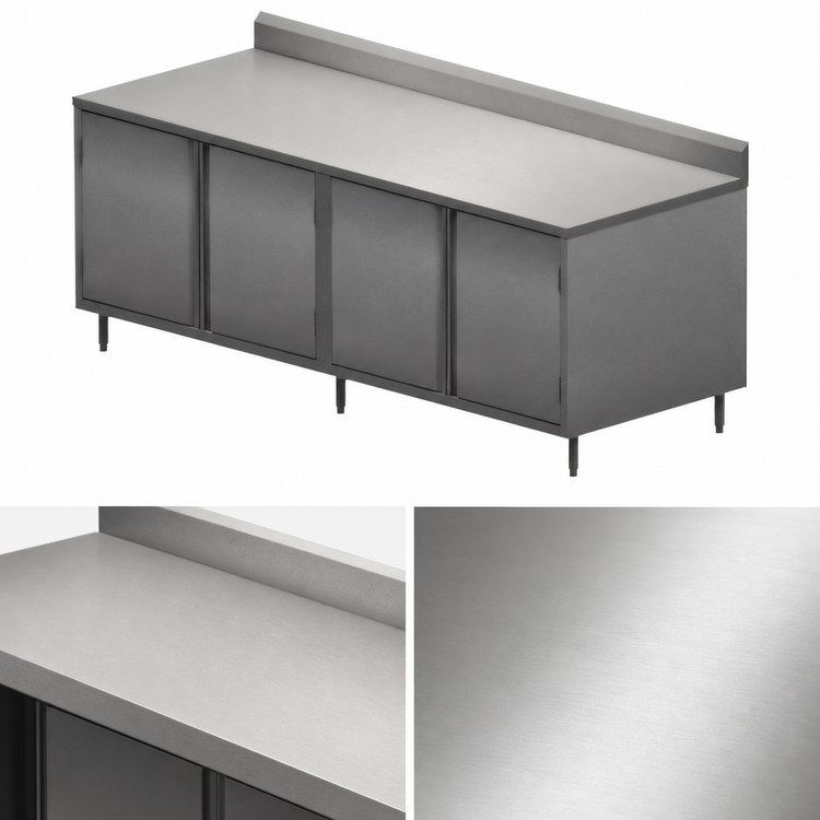 Product image #3 for BK Resources 96-Inch Stainless Steel Chef Table Cabinet Base with Hinged Doors, Center Mullion, and 5-Inch Riser