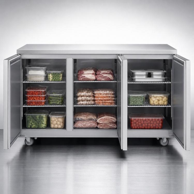Product image #4 for Juneau Three-Section Reach-In Undercounter Freezer, 72-Inch Wide, 11 Cu. Ft., Stainless Steel, Self-Contained Bottom-Mount
