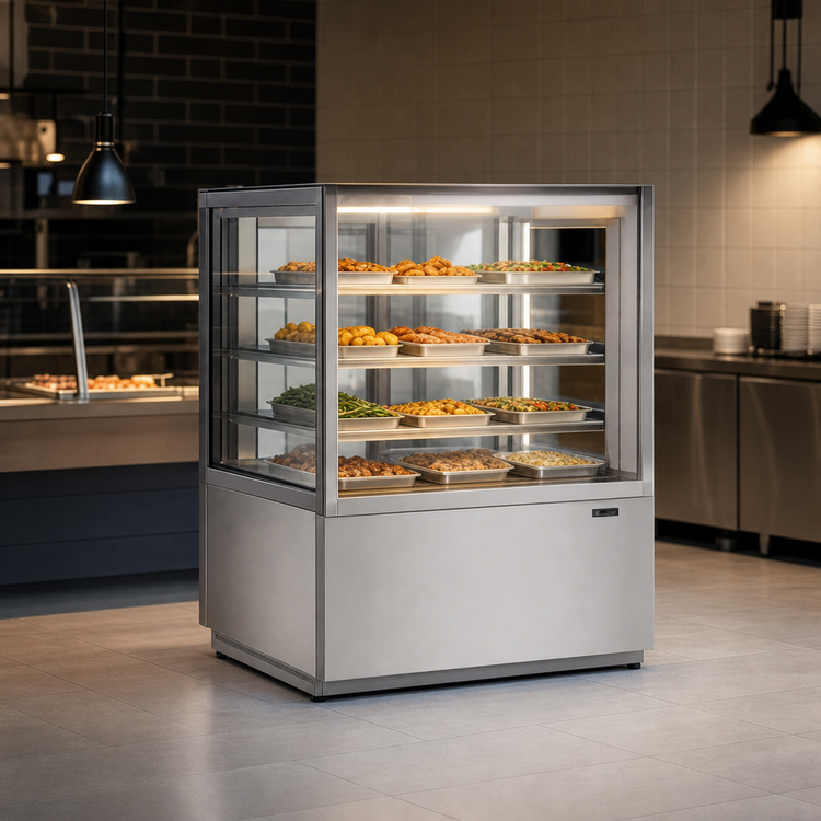 Product image #3 for Omcan DW-CN-0371 Heated Full-Service Hot Food Display Case, Floor Model, Square Front Glass, 21 Cu. Ft.
