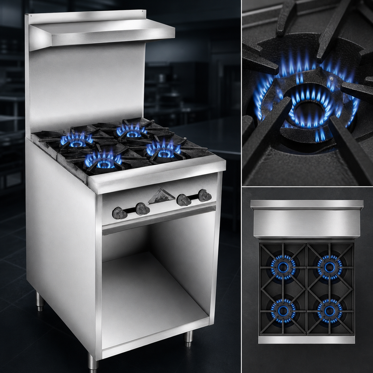Product image #3 for Comstock-Castle 30-Inch Commercial Gas Range with 4 Open Burners, Cabinet Base, Back Riser and High Shelf