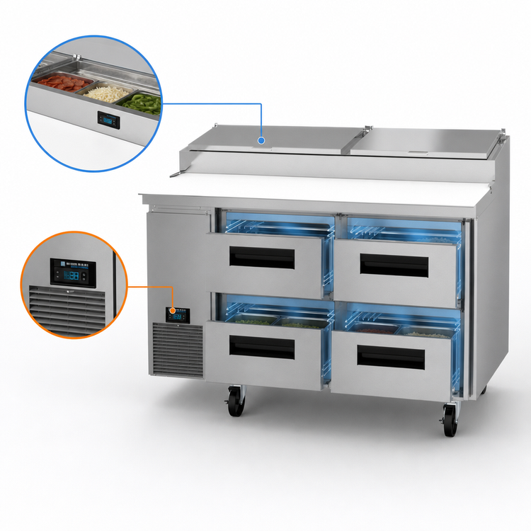 Product image #3 for Hoshizaki Steelheart 60-Inch Two-Section Pizza Prep Table with Drawers and Self-Contained Refrigeration