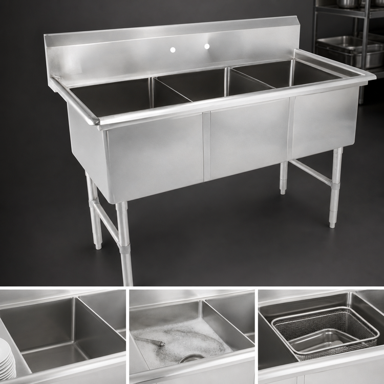 Product image #3 for John Boos B-Series 3-Compartment Floor Sink with 14-Inch Deep Bowls, 59-1/8 Inch W x 23-1/2 Inch D x 44 Inch H, 16-Gauge Stainless Steel