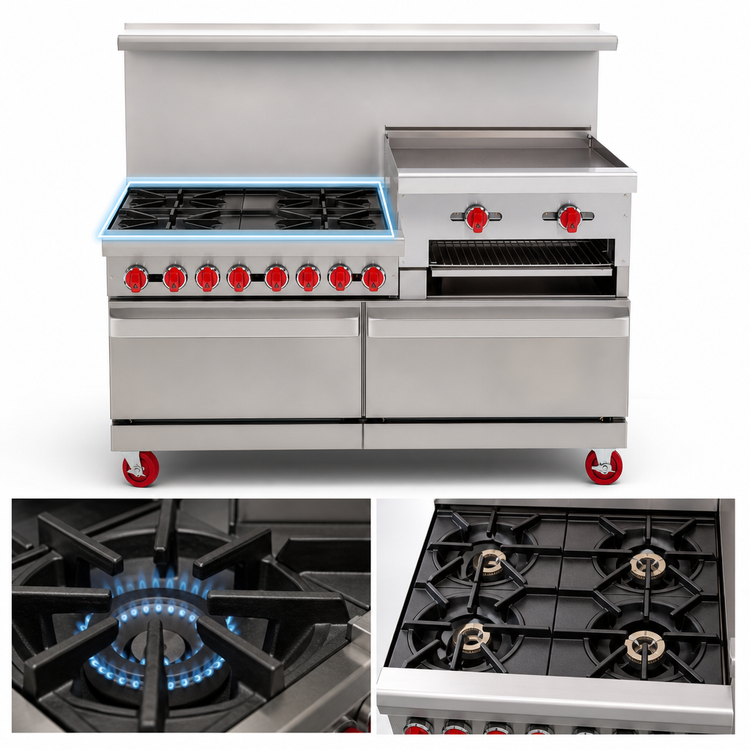 Product image #3 for American Range 48-Inch Restaurant Gas Range with 4 Open Burners, 24-Inch Raised Griddle/Broiler, and Double Storage Base