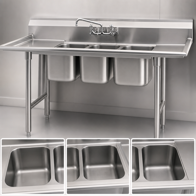 Product image #3 for Eagle Group 310 Series 3-Compartment Convenience Store Sink with Left and Right Drainboards, 72 x 21 Inches, 304 Stainless Steel