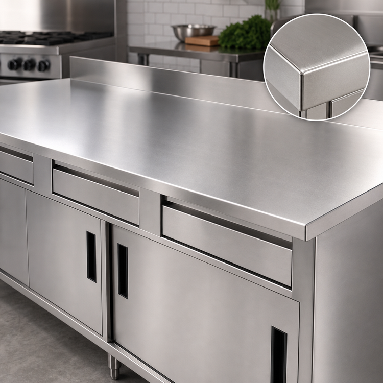 Product image #3 for Advance Tabco 60 Inch x 30 Inch 14-Gauge 304 Stainless Steel Storage Cabinet Work Table with 5-Inch Backsplash, 2 Drawers, and Sliding Doors