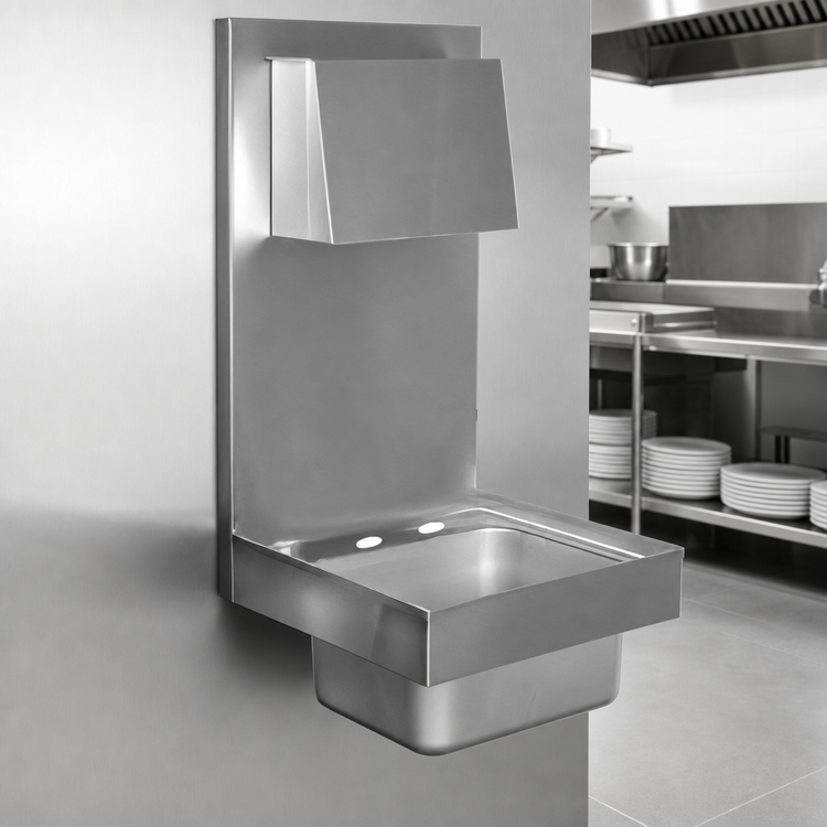 Product image #3 for Glastender Wall-Mounted Stainless Steel Hand Sink with 6-Inch Deep Bowl, Soap & Towel Dispenser, and Faucet Holes