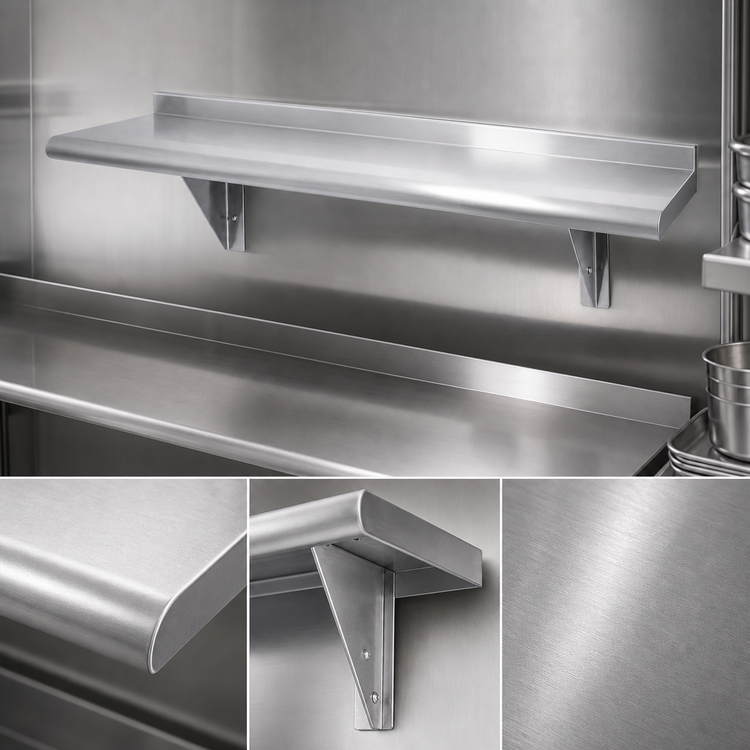 Product image #3 for Advance Tabco 144"W x 15"D Wall-Mounted 304 Stainless Steel Shelf, 16 Gauge, Satin Finish