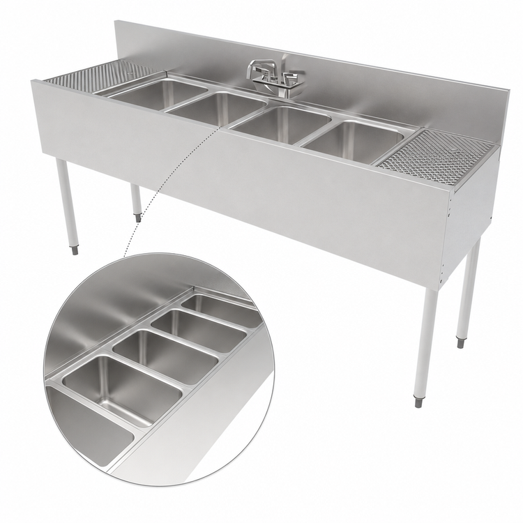 Product image #4 for Perlick TS Series 72-Inch Four-Compartment Underbar Multi-Tank Sink Unit with 6-Inch Backsplash and Dual Drainboards