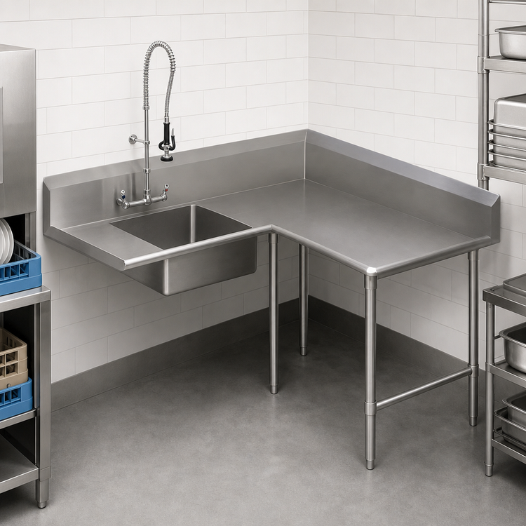 Product image #3 for Pro-Bowl L-Shaped Corner Soiled Dishtable with 20" x 20" Pre-Rinse Sink Bowl, Right-to-Left, 60" x 120"