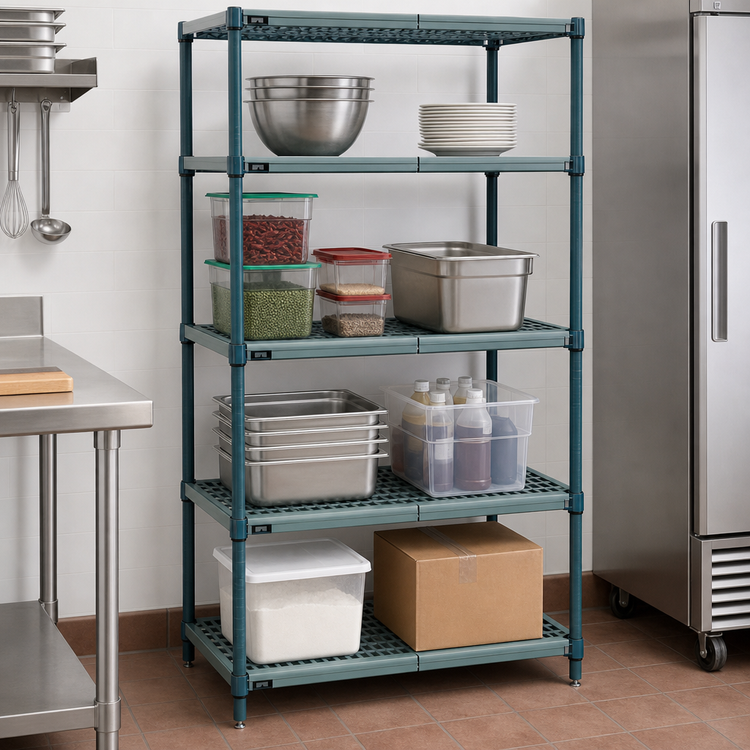 Product image #3 for Quantum 4-Tier Stationary Wire Plastic Mat Shelving Unit, 36 W x 18 D x 63 H, Green Epoxy