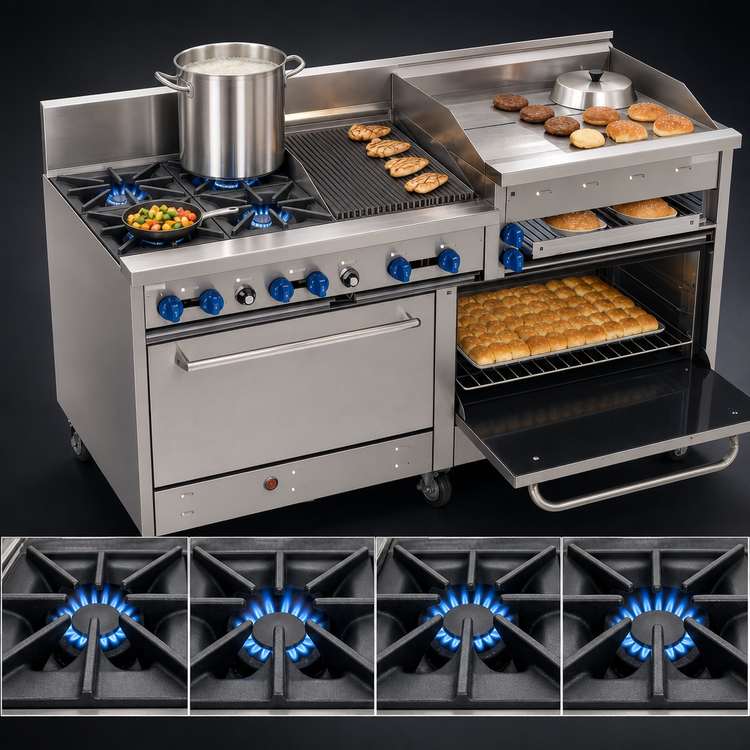 Product image #3 for Comstock-Castle 72-Inch Stainless Steel Commercial Gas Range with 4 Open Burners, 30-Inch Raised Griddle, 18-Inch Char-Broiler, and 2 Ovens