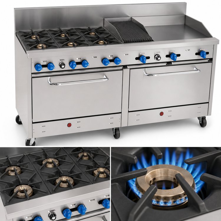 Product image #3 for Comstock-Castle 72 Inch Commercial Gas Range with 6 Open Burners, 18 Inch Griddle, 18 Inch Char-Broiler, and 2 Extra-Wide Ovens