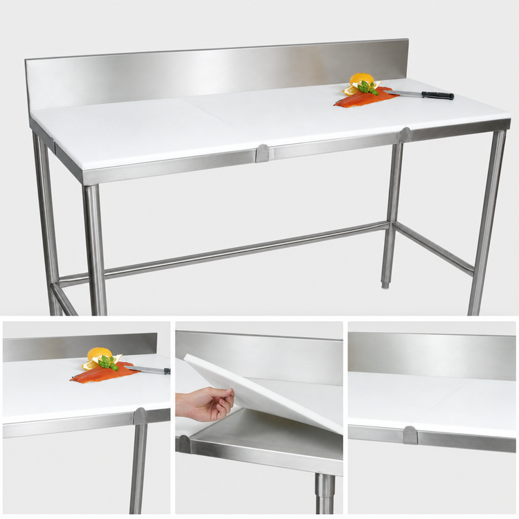 Product image #3 for John Boos 36 x 24 Inch Poly Top Trimming Table with 6-Inch Backsplash and Stainless Steel Base