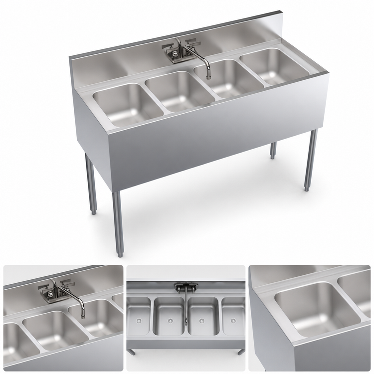 Product image #3 for Krowne Royal Series Four-Compartment Underbar Sink Unit with Splash Mount Faucet, 48 Inch x 19 Inch