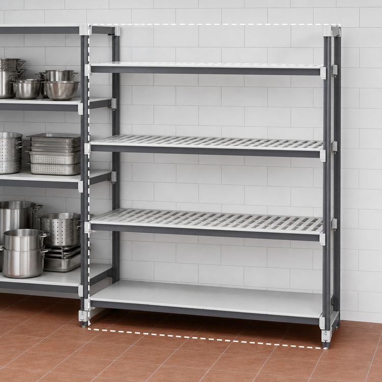 Product image #3 for Cambro Camshelving Elements XTRA 24" x 54" x 72" Stationary Add-On Shelving Unit, 4-Tier, 3 Vented + 1 Solid Shelves, Speckled Gray