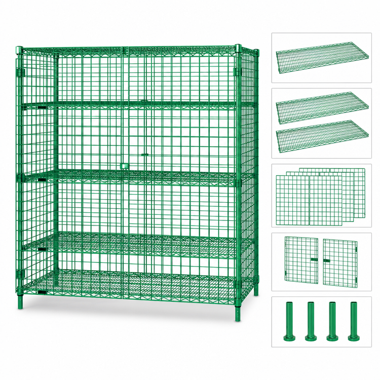 Product image #3 for Quantum Stationary Security Cage with 2 Intermediate Shelves, 48W x 18D x 63H, Green Epoxy Finish