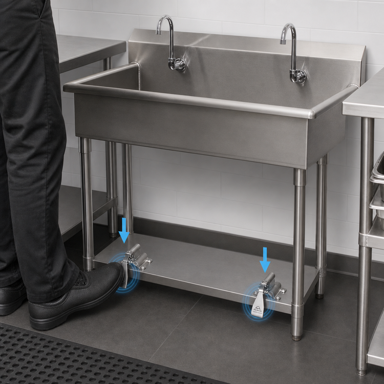 Product image #3 for Advance Tabco Two-Station Floor-Mount Toe-Push Hand Sink with Gooseneck Spouts, 40 Inch Wide, 304 Stainless Steel