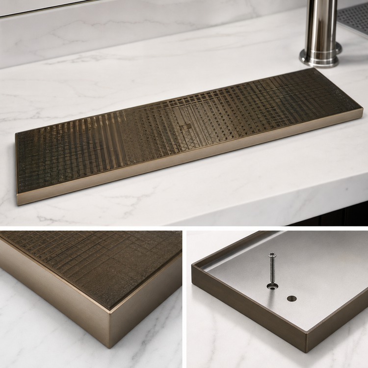Product image #3 for Micro Matic 33 Inch x 8 Inch Surface Mount Drip Tray Trough, Stainless Steel with PVD Brass Screen