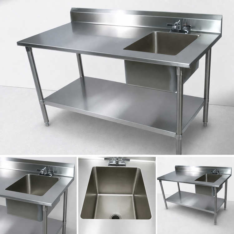 Product image #3 for John Boos 60-Inch x 30-Inch Stainless Steel Prep Table With Right Sink Bowl, Backsplash, and Undershelf